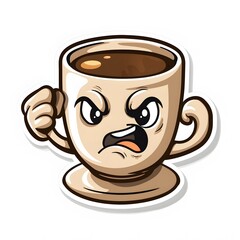 Sticker - Cartoon coffee cup with angry face character, sticker style. AI generate illustration