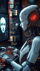 Poster - Futuristic robotic arm types on computer monitor with humanoid face. Complex circuit board visible. Cyberpunk aesthetic. Robot interacts with tech. Sci-fi scene. Artificial intelligence. Innovation