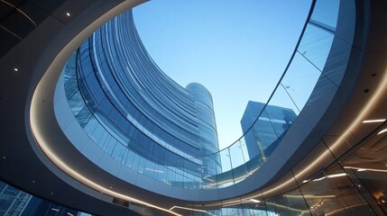 Poster - modern architectural design showcasing curved glass structures against a clear blue sky in a bustlin