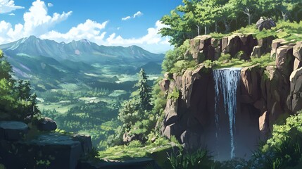 Wall Mural - Gorgeous hand-drawn illustration depicting scenic mountains and farmlands, enriched with intricate details and an anime-inspired touch.