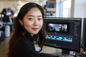 Poster - Creative Process: Young Asian Woman Editing a Video on her Computer