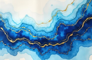 Poster - Abstract artistic design with blue, gold fluid ink textures. Waves, marbled patterns create luxurious background. Unique style. Trendy design elements. Suitable for posters prints. Creative,