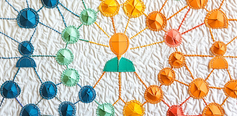 Poster - Colorful interconnected network illustration representing social connections and relationships in a creative artwork