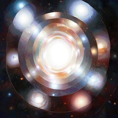 Aufkleber - Multiverse light source shines through concentric rings in space. Bright celestial bodies, galaxies surround central luminous point. Vast expanse of cosmos concentric rings, multiple colorful stars.