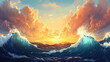 © Thiago - Majestic ocean waves crashing under the golden hues of sunset, dramatic sky with clouds, dynamic and powerful, endless horizon, sense of freedom and adventure. Majestic. Illustration