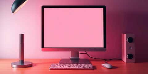 Poster - Desktop vector mockup with realistic computer screen, keyboard, and mouse, internet, illustration