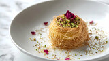 Lebanese Kunafa Nest with Ashta Cream, Crushed Pistachios and Rose Syrup Drizzle, Middle Eastern Dessert Photography