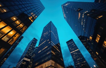 Aufkleber - Modern office skyscrapers stand tall in night city. Sky twilight blue. Buildings reflect city lights. Urban architecture. Business center at night. City lights shine from tall glass facades. Evening