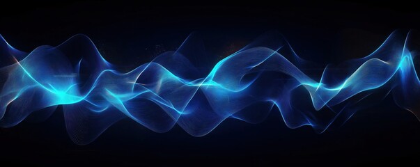Poster - Abstract illustration shows blue wavy lines. Dynamic visual design represents sound waves tech data flow. Modern, innovative abstract art style. Excellent visual representation of music audio