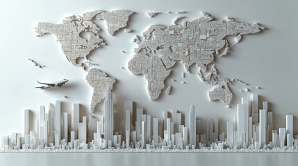 Aufkleber - Global travel concept. Modern city skyline with world map. Airplane flies above global map. Abstract design. Global travel theme. Represents global connectivity.