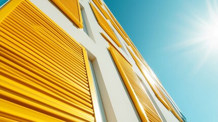 Poster - bright yellow shutters adorn a modern building under a clear blue sky