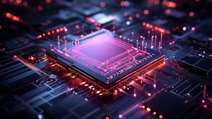 Poster - Futuristic microchip glowing with purple lights on complex circuit board in a tech environment