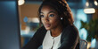 © FATNA - Black woman, laptop and global communication in office, email client and online to update website. Female person, journalist and chat to contact for quote in workplace, news and reporter for article