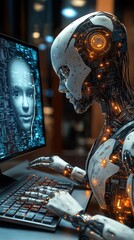 Aufkleber - Robotic arm connected to computer typing on keyboard. Computer screen shows humanoid face, complex circuit board. Futuristic scene. Cyberpunk art style. Advanced tech concept. Artificial