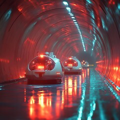 Poster - Futuristic transport pods speeding through neon-lit tunnel urban environment digital art dynamic perspective
