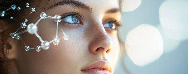 Aufkleber - Woman looking towards future with molecule model overlaying face