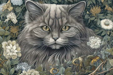 Canvas Print - beautiful gray smoke cat and flowers, illustration., watercolor style 