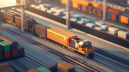 Poster - Freight train pulling cargo containers at railyard during sunset
