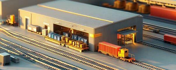 Poster - Miniature train station loading cargo onto freight cars at sunset