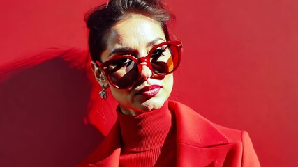 Wall Mural - Fashion woman in trendy red outfit Total red look sunglasses red coat poloneck pants : Generative AI 4K Video