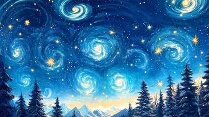 Wall Mural - a night deep blue sky with swirling stars and winter forest of pine trees in the foreground. the for
