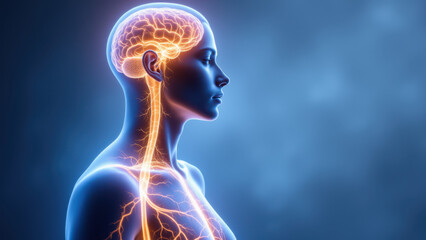 Wall Mural - Vagus Nerve Stimulation with a 3D illustration of a human head and neck showing neural pathways, focusing on the brain stem.