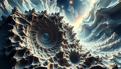Poster - A surreal dreamscape of infinite fractal landscapes, where geometric patterns morph into topological anomalies, blurring the lines between dimensions.