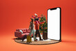 © master1305 - Happy family, dressed in winter attire, in a room with Christmas tree, walking with luggage forward to 3D model of giant phone with blank screen. Concept of family, winter holiday, travelling
