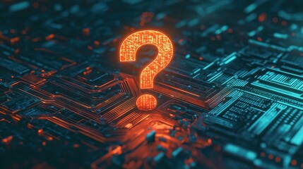 Poster - Glowing question mark on tech circuit board. Digital inquiry, exploration concept. Futuristic tech landscape. Exploring new possibilities. Modern design. Tech innovation. Questioning future trends.