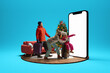 © master1305 - Mother, father, and child in winter attire, with luggage walking towards 3D model of smartphone with blank screen. Booking hotel and tickets via app. Concept of family, winter holiday, travelling