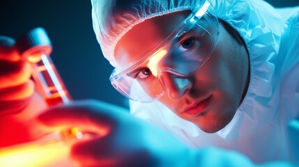 Poster - scientist examining glowing liquid in laboratory under controlled lighting conditions at night