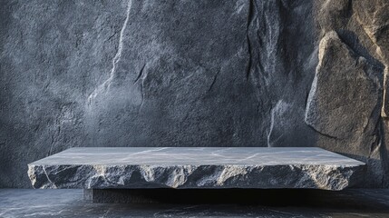 Leinwandbilder - Empty stone podium displaying products on dark rock background