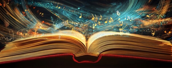 Poster - Open book spreading musical notes in a magical atmosphere