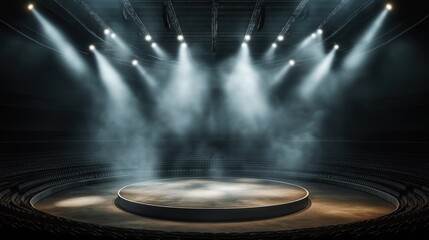Poster - Empty arena stage lit by spotlights, smoke. Dark ambiance with circular seating around stage. 3D rendering digital illustration. Suitable for event planning promotional images. Represent concerts,