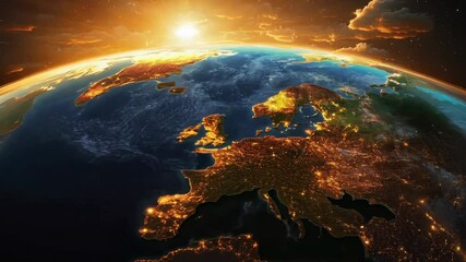 Wall Mural - panoramic view on planet earth globe from space. glowing city lights, light clouds. generative ai 4k