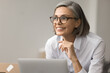 © fizkes - Cheerful inspired grey haired business woman in glasses working at laptop computer, looking away, smiling, laughing, thinking on creative ideas for e-commerce project, touching chin