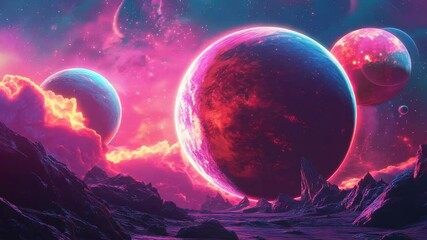 Wall Mural - space scene with three large pink planets and a small one. hyperrealistic video