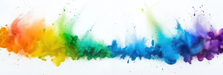 Poster - Colorful rainbow powder explosion on white background. Vivid primary colors like light blue, green used for impressionist style collages. Abstract design. Colorful powder sprayed in various forms,