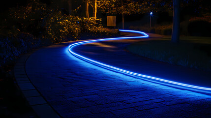 Wall Mural - long exposure photograph of blue neon light trails on a curved path against a dark background, evoki