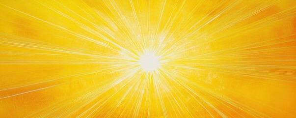 Poster - Bright sun rays burst on vibrant yellow background. Sunbeams radiate outward creating dynamic visual effect. Image evokes energy positivity, summer vibes. Perfect for background designs tech articles