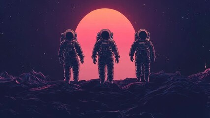 Wall Mural - three astronauts stand on a rocky surface with a large red sun in the background. 4k video