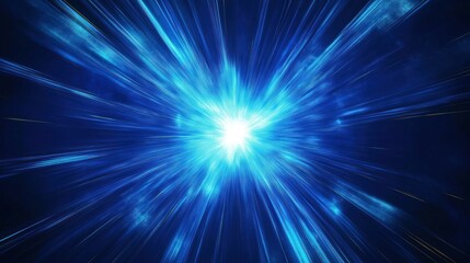 Poster - Dynamic blue light burst radiates outwards creating energetic atmosphere. Abstract vibrant light explosion. Fast moving light rays illustrate high energy. Cosmic energy concept. Abstract design.