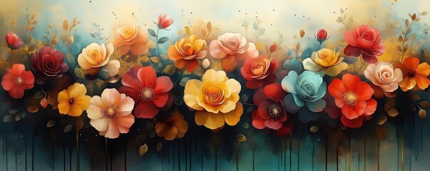 Aufkleber - Colorful floral abstract art piece. Watercolor style with various roses, flowers in vivid colors. Gold accents add depth. Visual appeal blends nature with fashion, art. Perfect for wall decor fashion