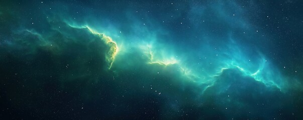 Poster - Cosmic nebulae display mix of vibrant teal, emerald colors swirling across dark starry background. Image evokes feeling of vastness, mystery. Ideal backdrop for space exploration themes digital art