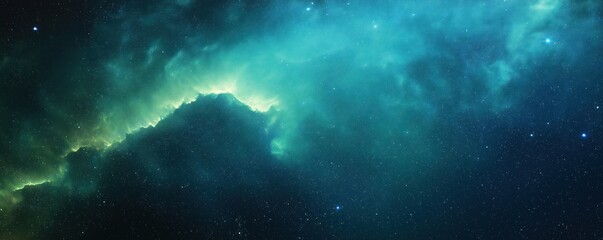 Poster - Stunning deep space nebula backdrop with vibrant green blue colors. Grainy texture adds cosmic depth. Ideal for futuristic tech posters space exploration designs. Abstract design evokes vastness of