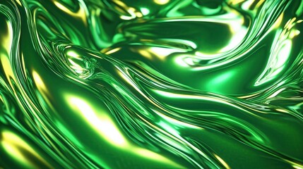 Poster - Abstract liquid green metal chrome autostereogram. Dynamic flowing liquid metal surfaces. Intricate waves create depth, visual interest. Vibrant green, yellow highlights. Contemporary design element.