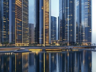 Poster - Modern corporate towers cluster in Business Bay. Sleek buildings with glass facades reflect evening light. Water features surround buildings. Luxurious modern architecture in city. Sophisticated