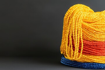 Poster - Colorful Beads in Yellow, Blue, and Red Against Dark Background