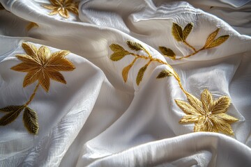 Poster - Elegant embroidered fabric with golden leaf patterns and texture