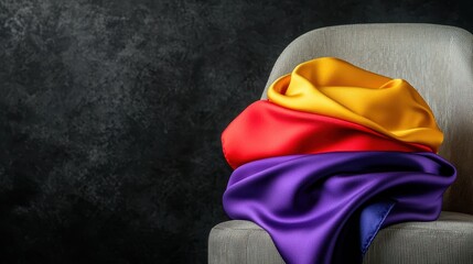 Poster - Vibrant Satin Fabrics Draped on a Modern Chair in Dramatic Lighting